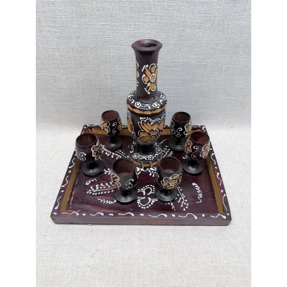 Vintage Hand Painted Carved Wood Decanter Set Tray 6 Goblets‎ Folk Art Barware